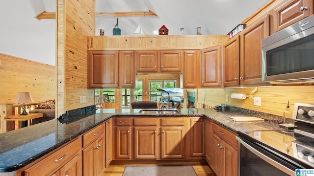 209 Ward Haven Dr, Wedowee, AL 36278 - kitchen with stainless steel appliances, a sink, dark stone counters, wood walls, and a peninsula