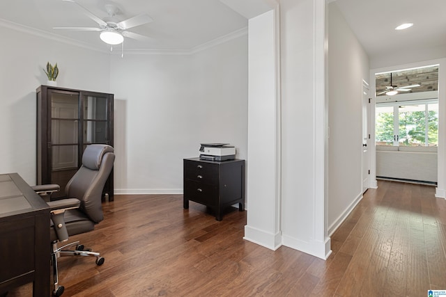 3040 Iris Dr, Hoover, AL 35244 - office with a ceiling fan, baseboards, wood finished floors, crown molding, and recessed lighting