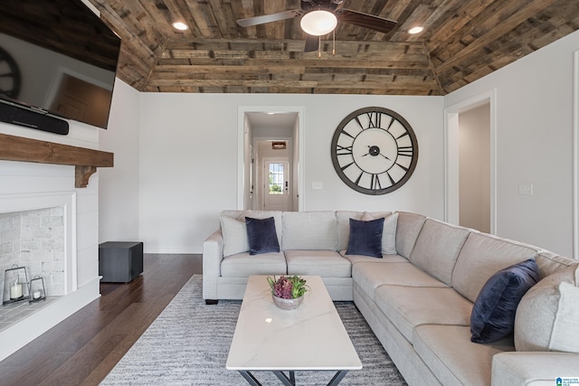 3040 Iris Dr, Hoover, AL 35244 - living room with wooden ceiling, vaulted ceiling, a ceiling fan, dark wood-style flooring, and baseboards