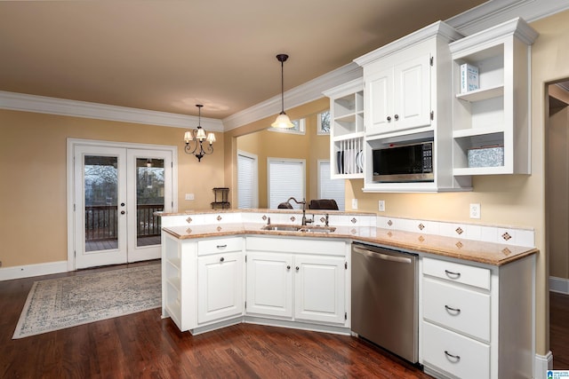 130 Eagle Pointe Way, Pell City, AL 35128 - kitchen featuring open shelves, appliances with stainless steel finishes, a sink, a peninsula, and white cabinetry