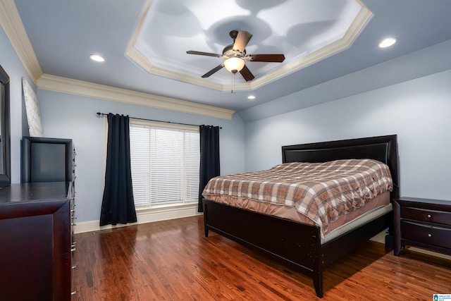130 Eagle Pointe Way, Pell City, AL 35128 - bedroom with crown molding, a tray ceiling, wood finished floors, recessed lighting, and baseboards