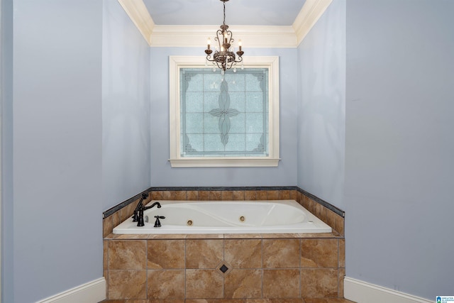 130 Eagle Pointe Way, Pell City, AL 35128 - bathroom featuring a chandelier, a tub with jets, and ornamental molding