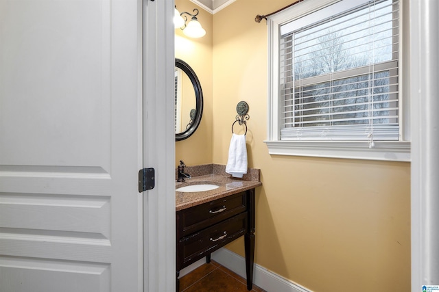 130 Eagle Pointe Way, Pell City, AL 35128 - bathroom with vanity, tile patterned flooring, baseboards, and crown molding