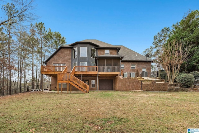 130 Eagle Pointe Way, Pell City, AL 35128 - rear view of property with a sunroom, stairs, a garage, a wooden deck, and brick siding