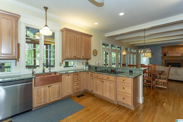 307 N Lake Rd, Hoover, AL 35242 - kitchen featuring dishwasher, a sink, black electric stovetop, light wood finished floors, and a chandelier