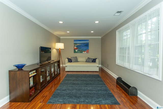 307 N Lake Rd, Hoover, AL 35242 - living room featuring dark wood finished floors, ornamental molding, baseboards, and recessed lighting