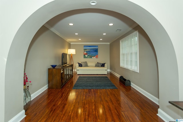 307 N Lake Rd, Hoover, AL 35242 - bedroom featuring wood finished floors, ornamental molding, recessed lighting, baseboards, and arched walkways