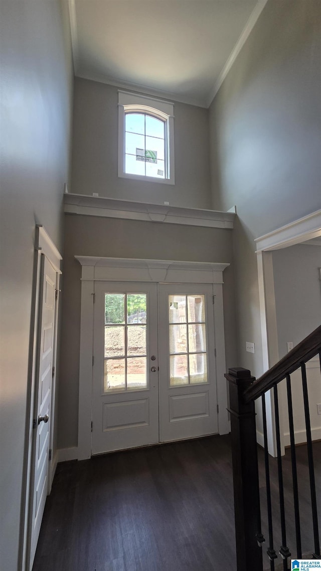 1077 Grande View Pass, Alabaster, AL 35114 - entryway featuring french doors, dark wood-style flooring, a high ceiling, crown molding, and plenty of natural light