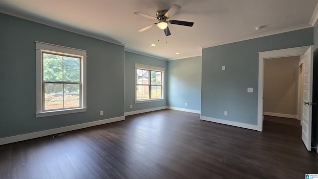 1077 Grande View Pass, Alabaster, AL 35114 - unfurnished room with plenty of natural light, crown molding, dark wood-type flooring, a ceiling fan, and recessed lighting