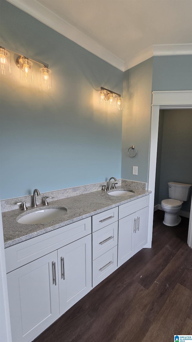 1077 Grande View Pass, Alabaster, AL 35114 - bathroom featuring double vanity, toilet, wood finished floors, and crown molding