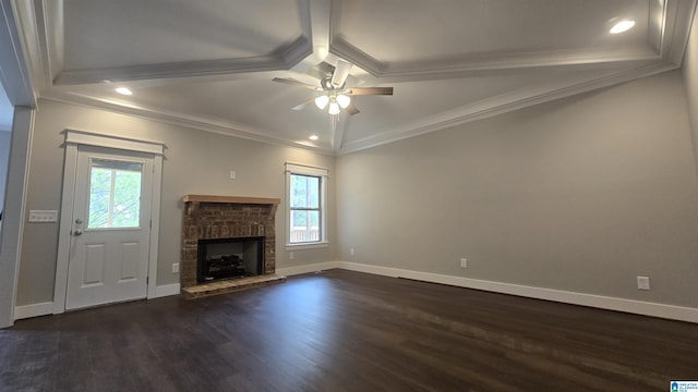1077 Grande View Pass, Alabaster, AL 35114 - unfurnished living room featuring ceiling fan, dark wood-style floors, a brick fireplace, baseboards, and recessed lighting