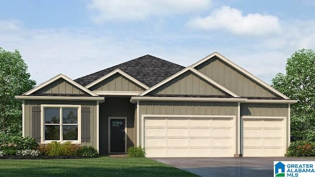 645 Fish Camp Rd, Chelsea, AL 35043 - view of front of house with an attached garage, driveway, a shingled roof, a front lawn, and board and batten siding