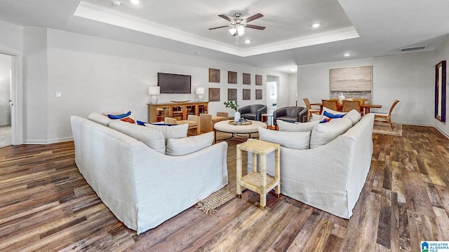 645 Fish Camp Rd, Chelsea, AL 35043 - living room with a tray ceiling, ceiling fan, recessed lighting, dark wood-style flooring, and baseboards