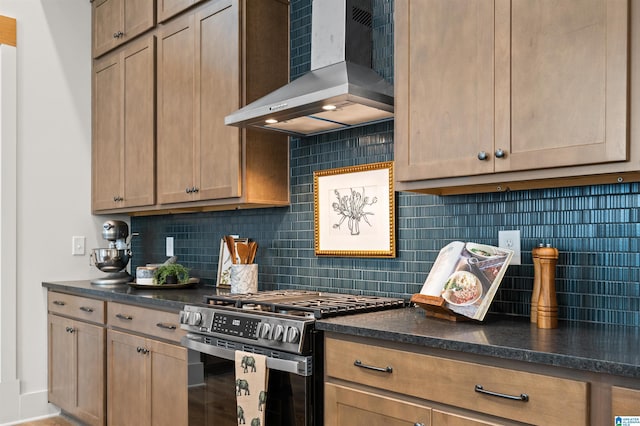1761 Gable Way, Hoover, AL 35244 - kitchen featuring gas stove, wall chimney range hood, dark countertops, and tasteful backsplash