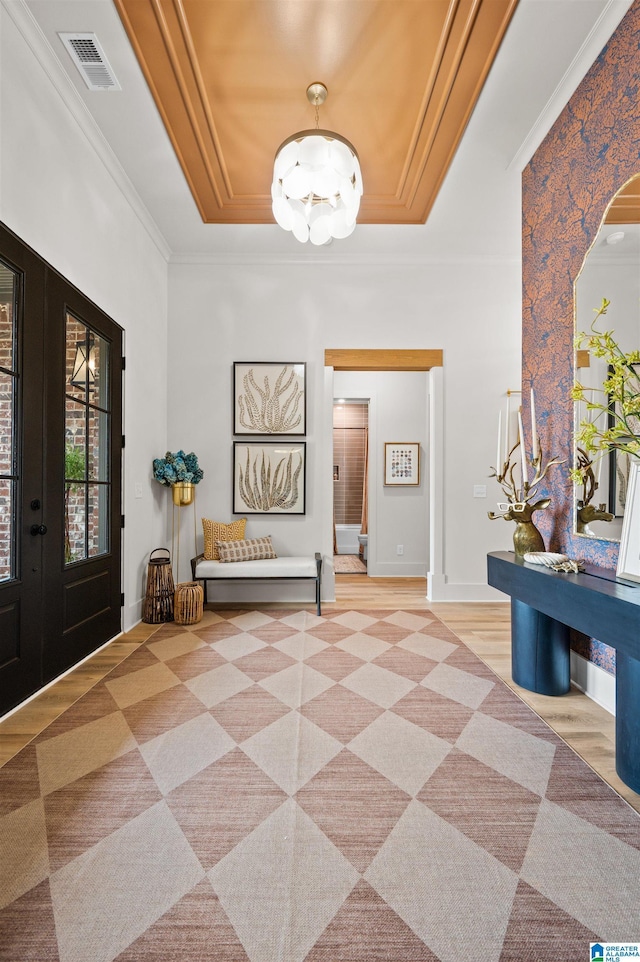 1761 Gable Way, Hoover, AL 35244 - entryway featuring a tray ceiling, french doors, crown molding, and baseboards