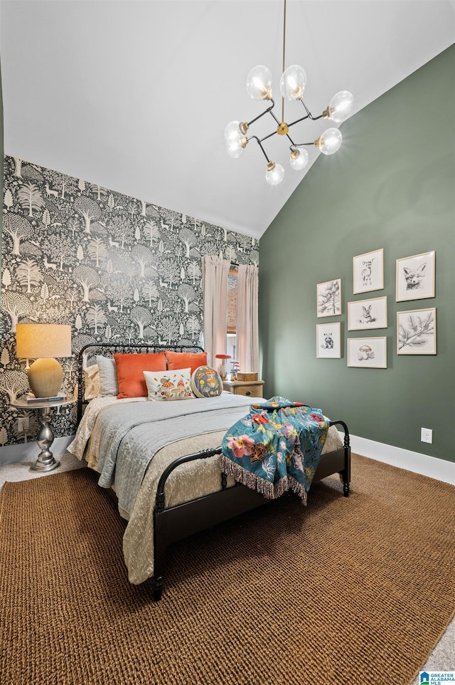 1761 Gable Way, Hoover, AL 35244 - carpeted bedroom featuring a chandelier, wallpapered walls, lofted ceiling, and baseboards