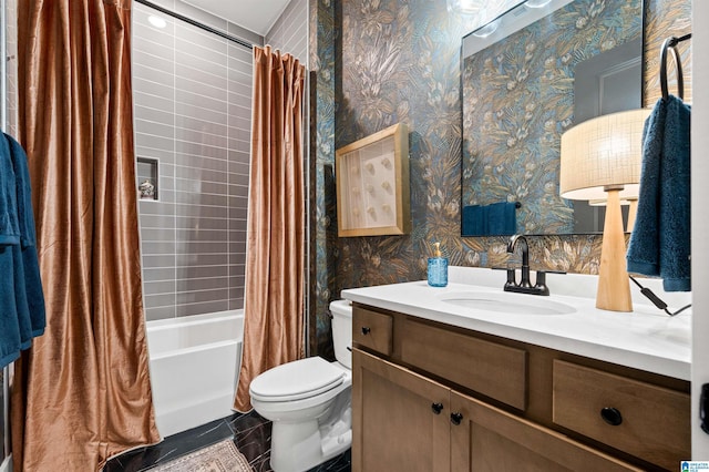 1761 Gable Way, Hoover, AL 35244 - bathroom featuring wallpapered walls, shower / bath combo with shower curtain, vanity, and toilet