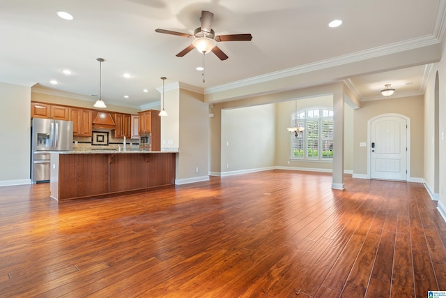 1343 Chapel St, Hoover, AL 35226 - unfurnished living room with ceiling fan, dark wood-style flooring, baseboards, ornamental molding, and recessed lighting