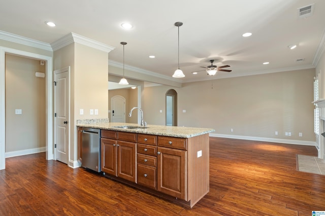 1343 Chapel St, Hoover, AL 35226 - kitchen with a sink, dishwasher, brown cabinets, arched walkways, and a ceiling fan