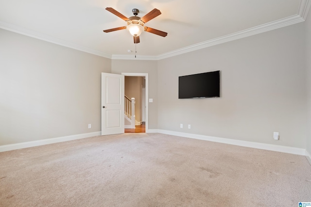 1343 Chapel St, Hoover, AL 35226 - unfurnished room with crown molding, light carpet, a ceiling fan, baseboards, and stairs