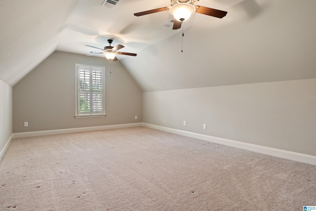 1343 Chapel St, Hoover, AL 35226 - additional living space with ceiling fan, light colored carpet, baseboards, and vaulted ceiling
