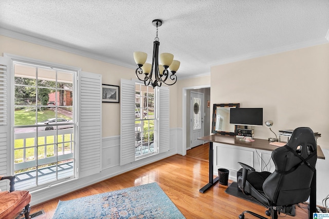 545 Russet Bend Dr, Hoover, AL 35244 - office featuring a chandelier, healthy amount of natural light, ornamental molding, a textured ceiling, and a wainscoted wall