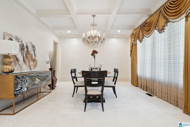 2821 Shook Hill Cir, Mountain Brook, AL 35223 - dining space featuring a chandelier, coffered ceiling, and beam ceiling