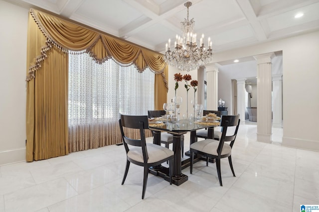 2821 Shook Hill Cir, Mountain Brook, AL 35223 - dining room featuring decorative columns, beamed ceiling, baseboards, coffered ceiling, and a chandelier