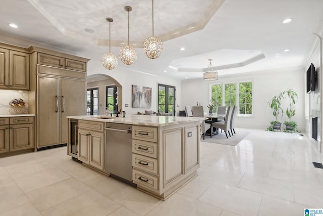 2821 Shook Hill Cir, Mountain Brook, AL 35223 - kitchen with a raised ceiling, dishwasher, arched walkways, paneled built in fridge, and a sink