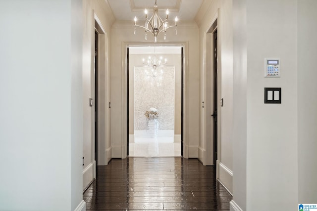 2821 Shook Hill Cir, Mountain Brook, AL 35223 - corridor with a chandelier, ornamental molding, dark wood-type flooring, and baseboards