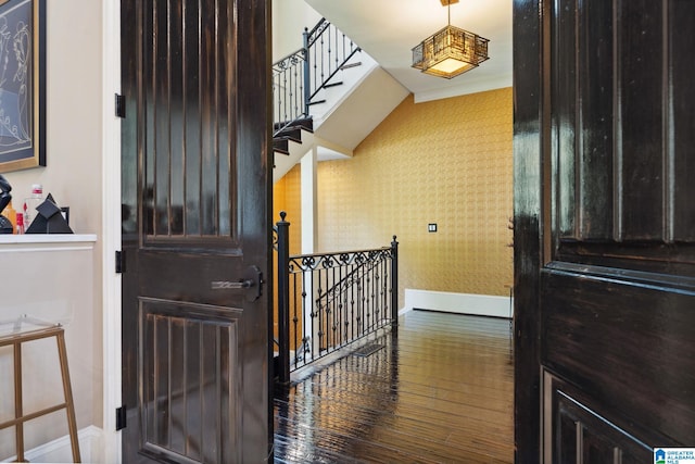 2821 Shook Hill Cir, Mountain Brook, AL 35223 - hall with wallpapered walls, baseboards, an upstairs landing, and hardwood / wood-style flooring
