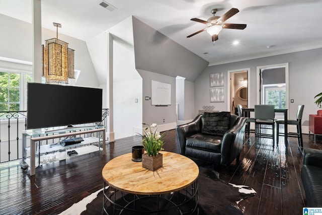 2821 Shook Hill Cir, Mountain Brook, AL 35223 - living room with hardwood / wood-style flooring, a ceiling fan, vaulted ceiling, and baseboards