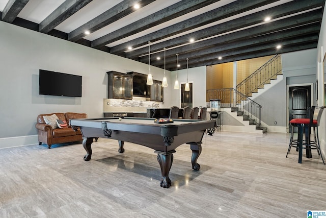 2821 Shook Hill Cir, Mountain Brook, AL 35223 - rec room featuring baseboards, billiards, beam ceiling, and light wood finished floors