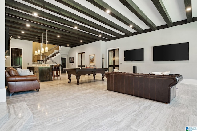 2821 Shook Hill Cir, Mountain Brook, AL 35223 - living area with beam ceiling, billiards table, and baseboards