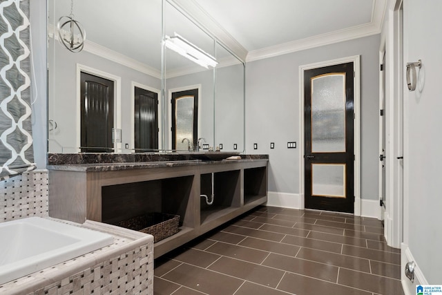 2821 Shook Hill Cir, Mountain Brook, AL 35223 - full bathroom with double vanity, ornamental molding, a bath, tile patterned flooring, and baseboards