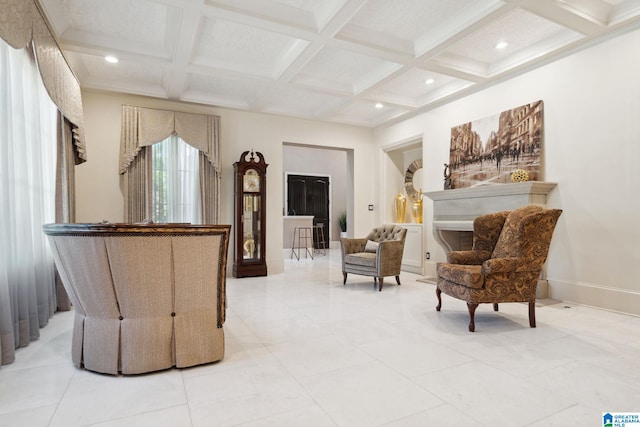 2821 Shook Hill Cir, Mountain Brook, AL 35223 - sitting room with coffered ceiling, beamed ceiling, baseboards, and recessed lighting
