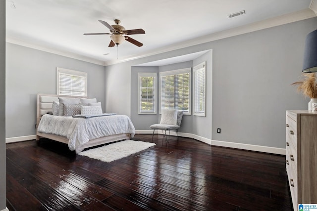 2821 Shook Hill Cir, Mountain Brook, AL 35223 - bedroom with hardwood / wood-style floors, baseboards, crown molding, and ceiling fan