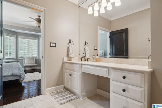 2821 Shook Hill Cir, Mountain Brook, AL 35223 - bathroom with ceiling fan, vanity, ensuite bathroom, crown molding, and tile patterned flooring