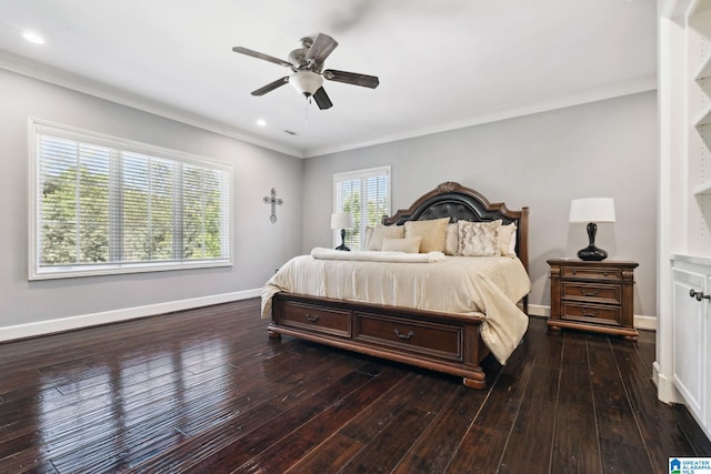 2821 Shook Hill Cir, Mountain Brook, AL 35223 - bedroom with ornamental molding, hardwood / wood-style flooring, baseboards, a ceiling fan, and recessed lighting