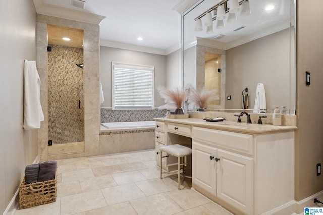 2821 Shook Hill Cir, Mountain Brook, AL 35223 - full bathroom featuring ornamental molding, a garden tub, a shower stall, vanity, and tile patterned floors