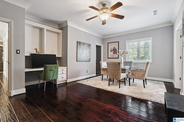 2821 Shook Hill Cir, Mountain Brook, AL 35223 - dining space featuring ceiling fan, dark wood-style flooring, baseboards, and ornamental molding