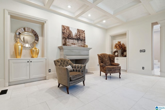 2821 Shook Hill Cir, Mountain Brook, AL 35223 - living area with coffered ceiling, beamed ceiling, a fireplace, baseboards, and recessed lighting