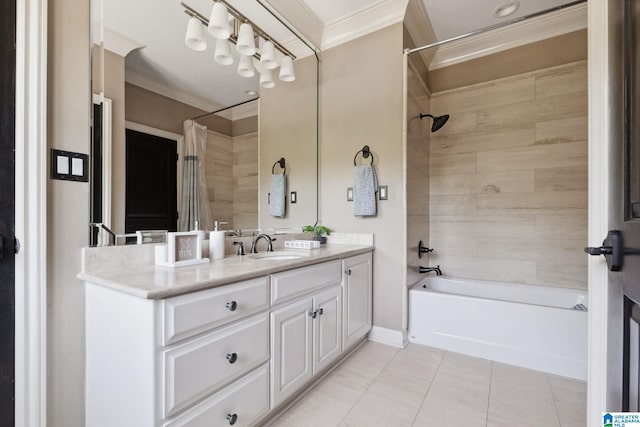 2821 Shook Hill Cir, Mountain Brook, AL 35223 - bathroom featuring ornamental molding, vanity, shower / bath combination with curtain, and tile patterned flooring