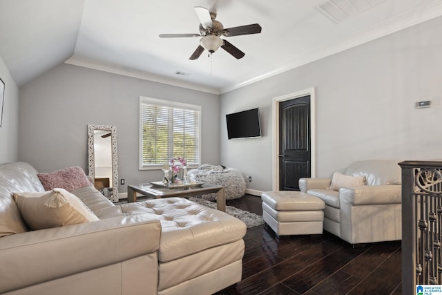 2821 Shook Hill Cir, Mountain Brook, AL 35223 - living area with dark wood-style flooring, ceiling fan, vaulted ceiling, crown molding, and baseboards