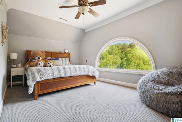 2821 Shook Hill Cir, Mountain Brook, AL 35223 - bedroom featuring light carpet, vaulted ceiling, baseboards, and a ceiling fan