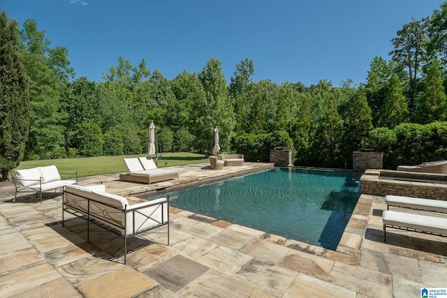 2821 Shook Hill Cir, Mountain Brook, AL 35223 - swimming pool with a patio area, a wooded view, and an outdoor living space