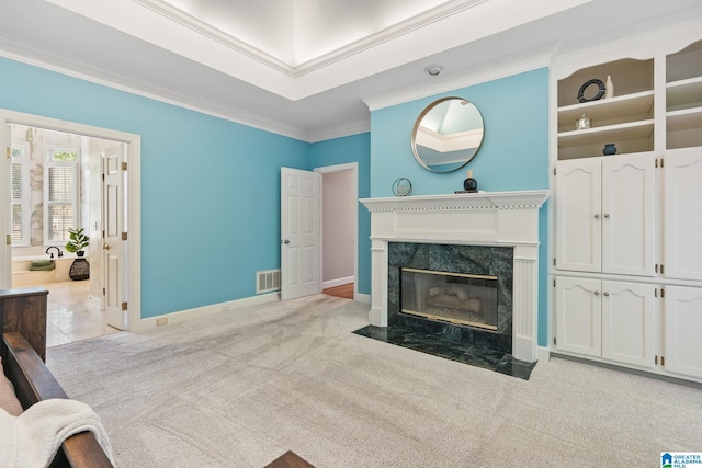 2100 Southwinds Cir, Hoover, AL 35244 - living area with ornamental molding, a premium fireplace, baseboards, and light carpet