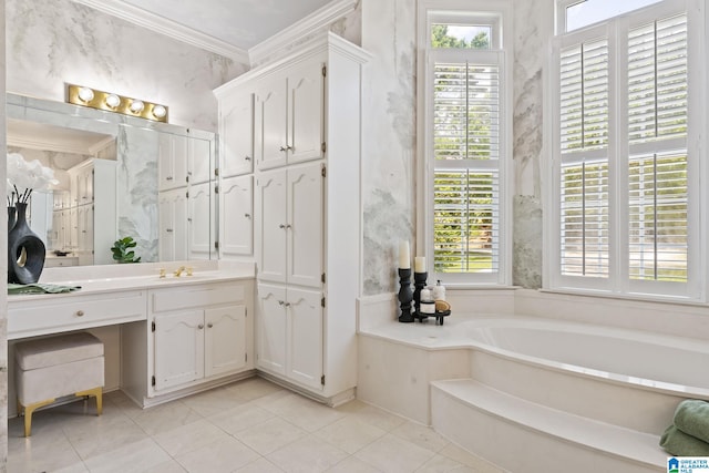 2100 Southwinds Cir, Hoover, AL 35244 - full bathroom with healthy amount of natural light, a garden tub, vanity, tile patterned floors, and ornamental molding