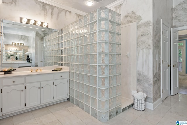2100 Southwinds Cir, Hoover, AL 35244 - full bath with vanity, walk in shower, tile walls, tile patterned floors, and ornamental molding