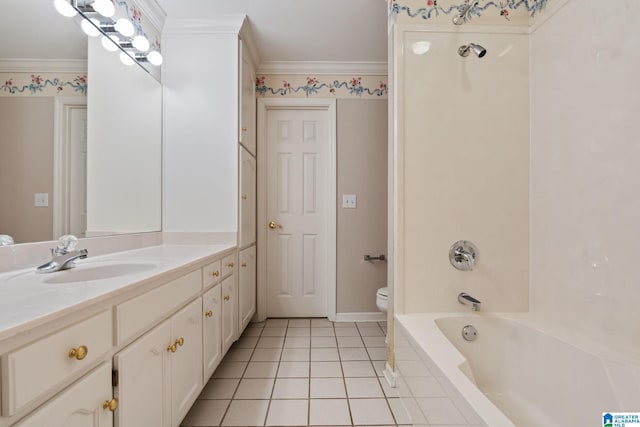 2100 Southwinds Cir, Hoover, AL 35244 - bathroom with vanity, toilet, tile patterned floors, crown molding, and bathing tub / shower combination